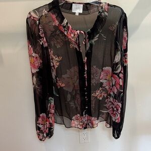 Johnny Was Sheer Black Floral Blouse with Beautiful Button Detail